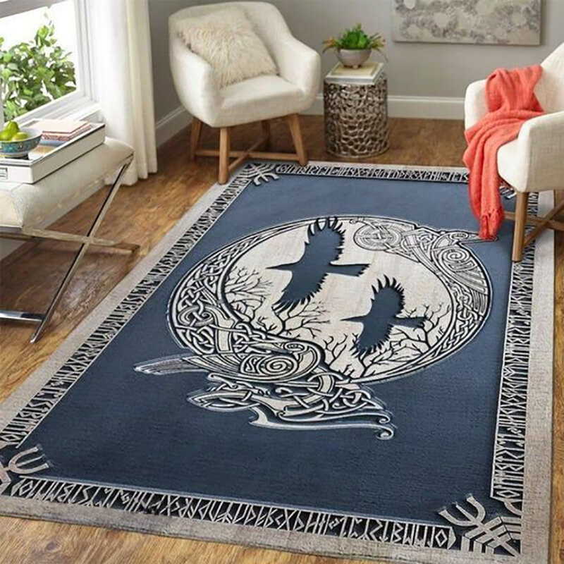 Runic and raven viking rug
