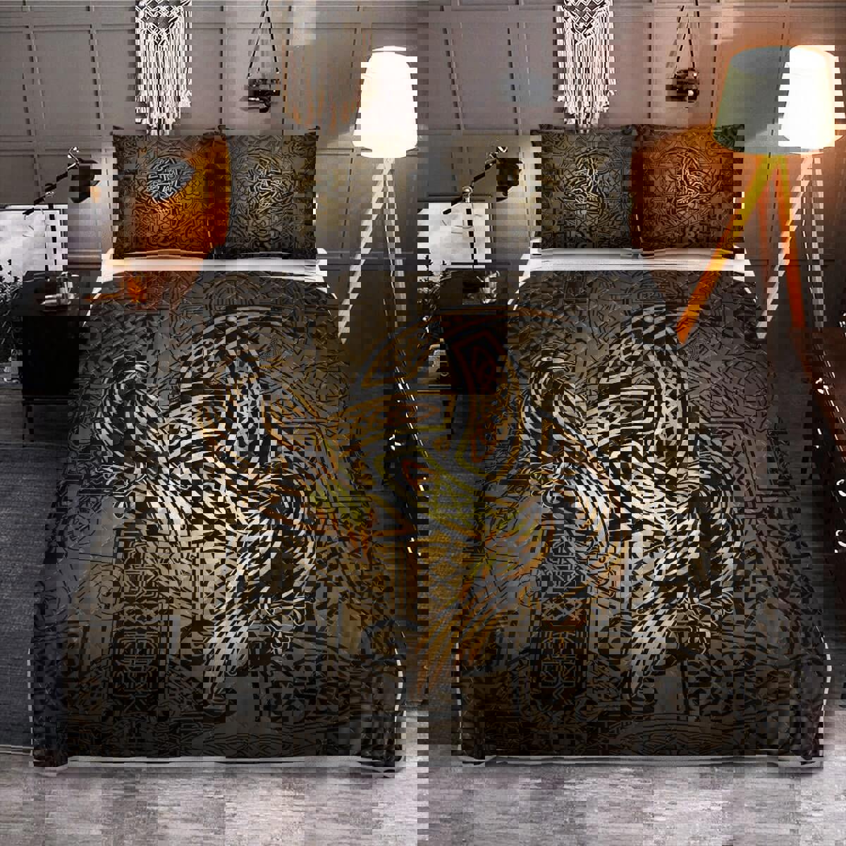 Viking quilt set totem birds raven huginn and muninn ravens of odin