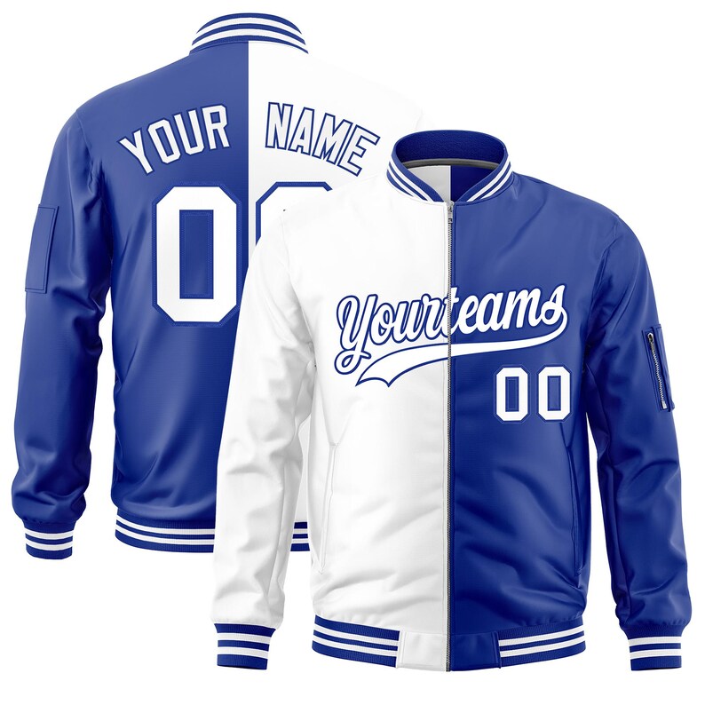 Custom White-BLue Stitched Varsity Bomber Jacket