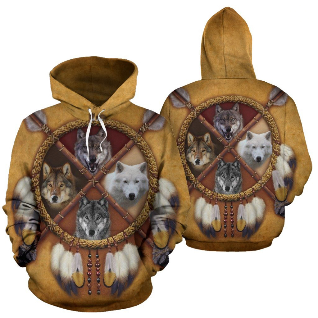 4 wolves dreamcatcher native american 3d all over hoodie