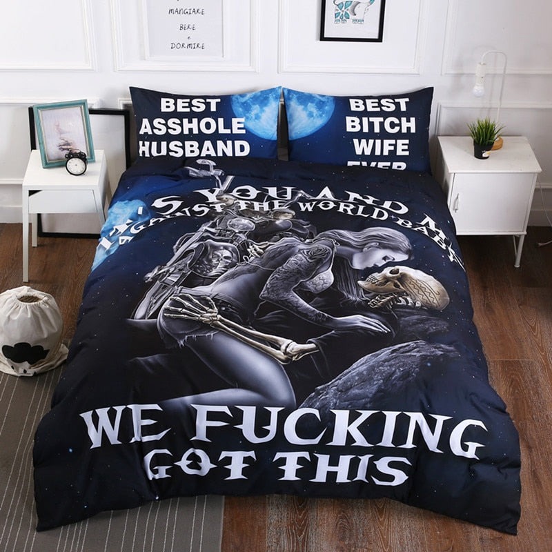 Black skull couple bedding set we got this