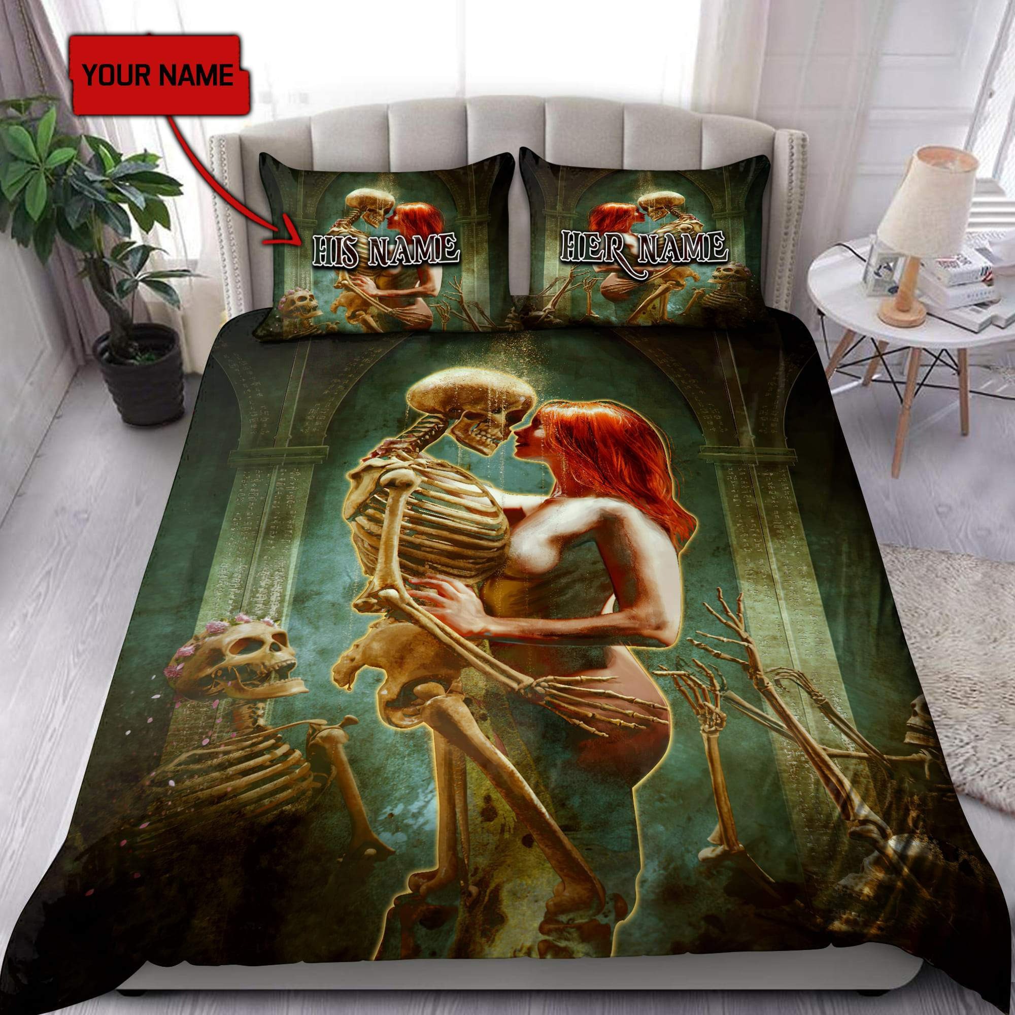 Custom name couple bedding set skull and queen