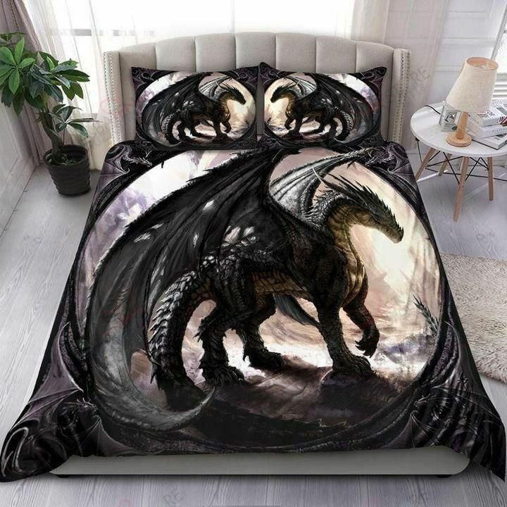 Dragon bedding set black dragon with wings moon light