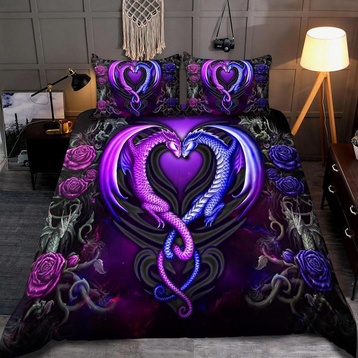 Dragon couple bedding set purple roses