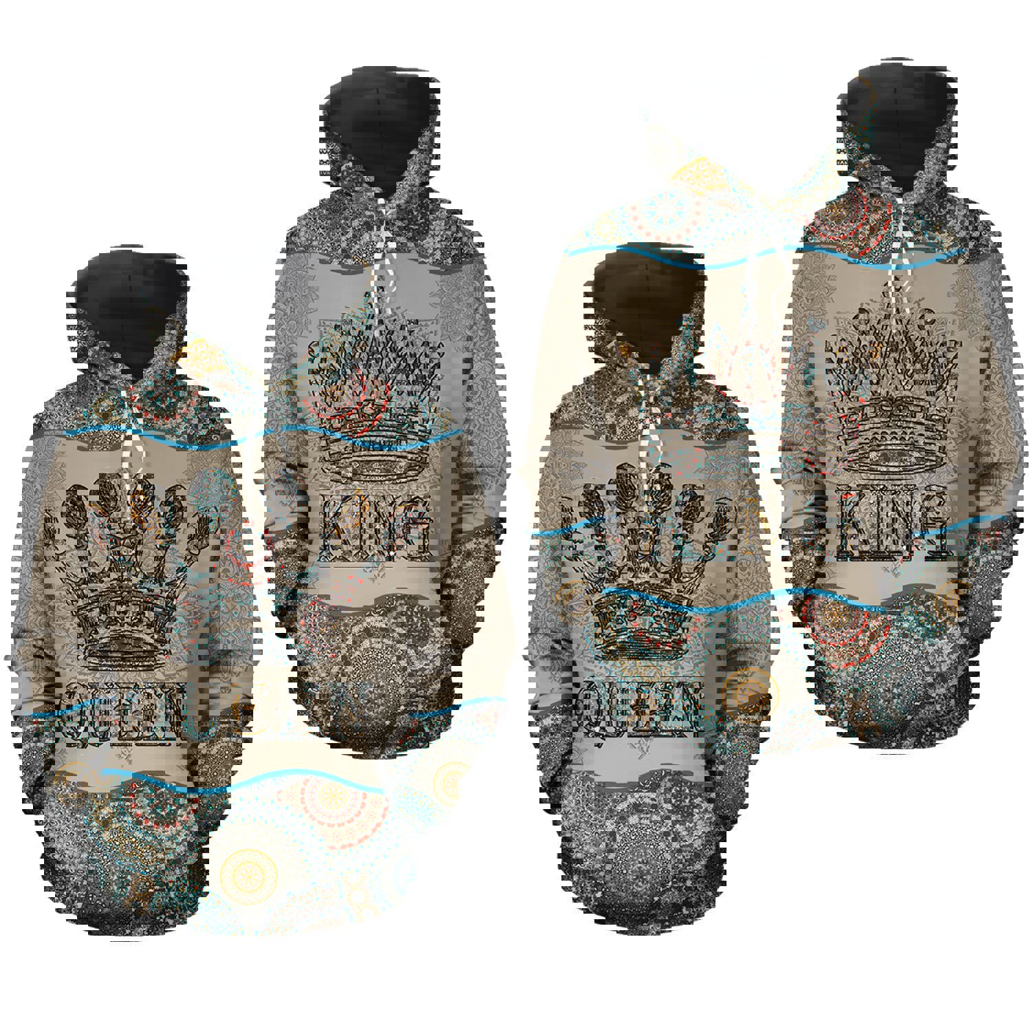 King and queen mandala pattern couple matching 3d hoodie