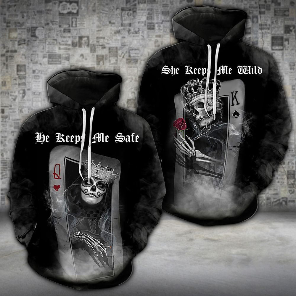 King queen couple all over hoodie he keeps me safe she keeps me wild
