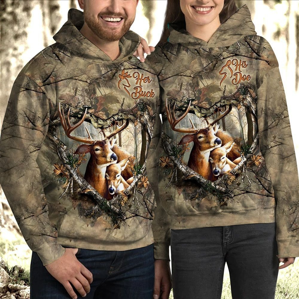 Matching couple 3d all over hoodie his doe her buck