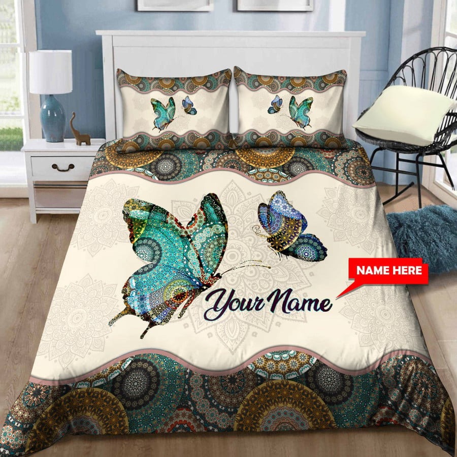 Personalized butterfly bedding set vintage mandala