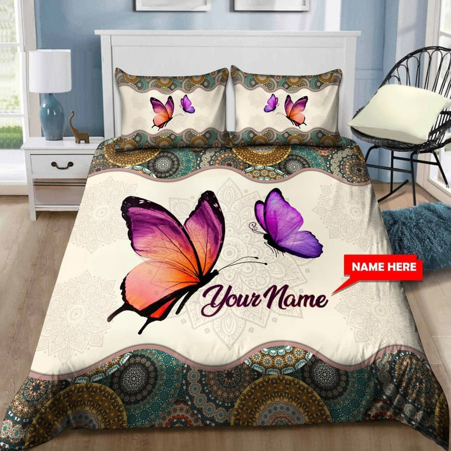 Personalized butterfly bedding set vintage mandala pink