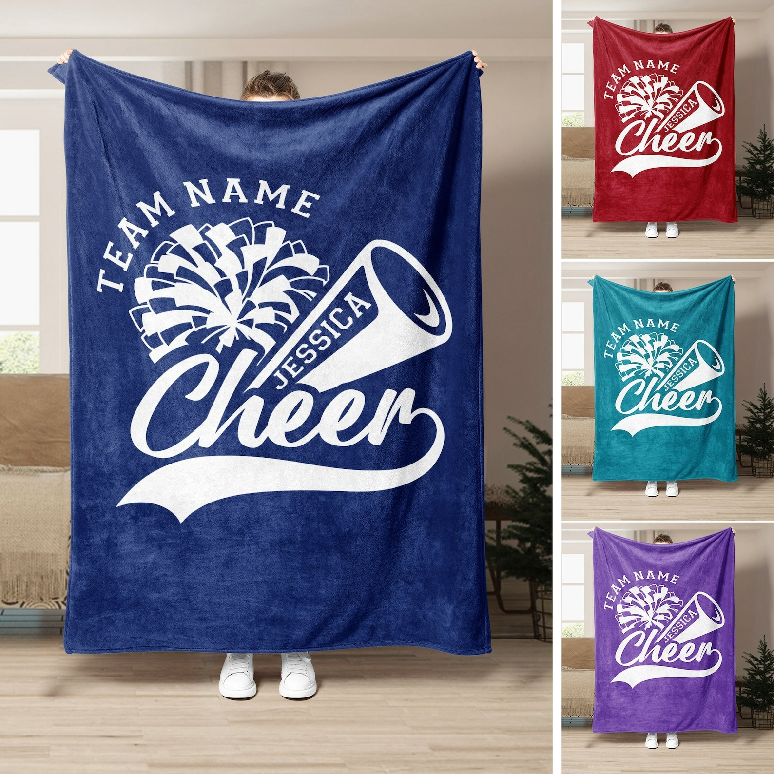 Personalized cheerleading blanket cheer pom poms