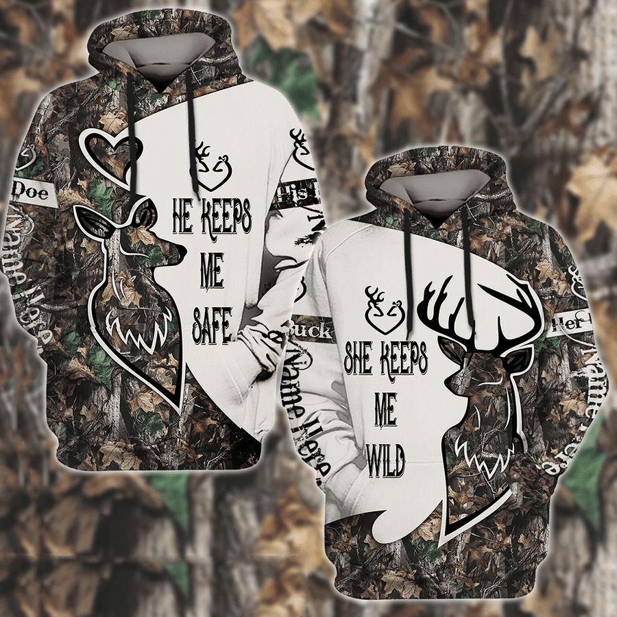 Personalized couple 3d hoodie she keeps me wild he keeps me safe brown