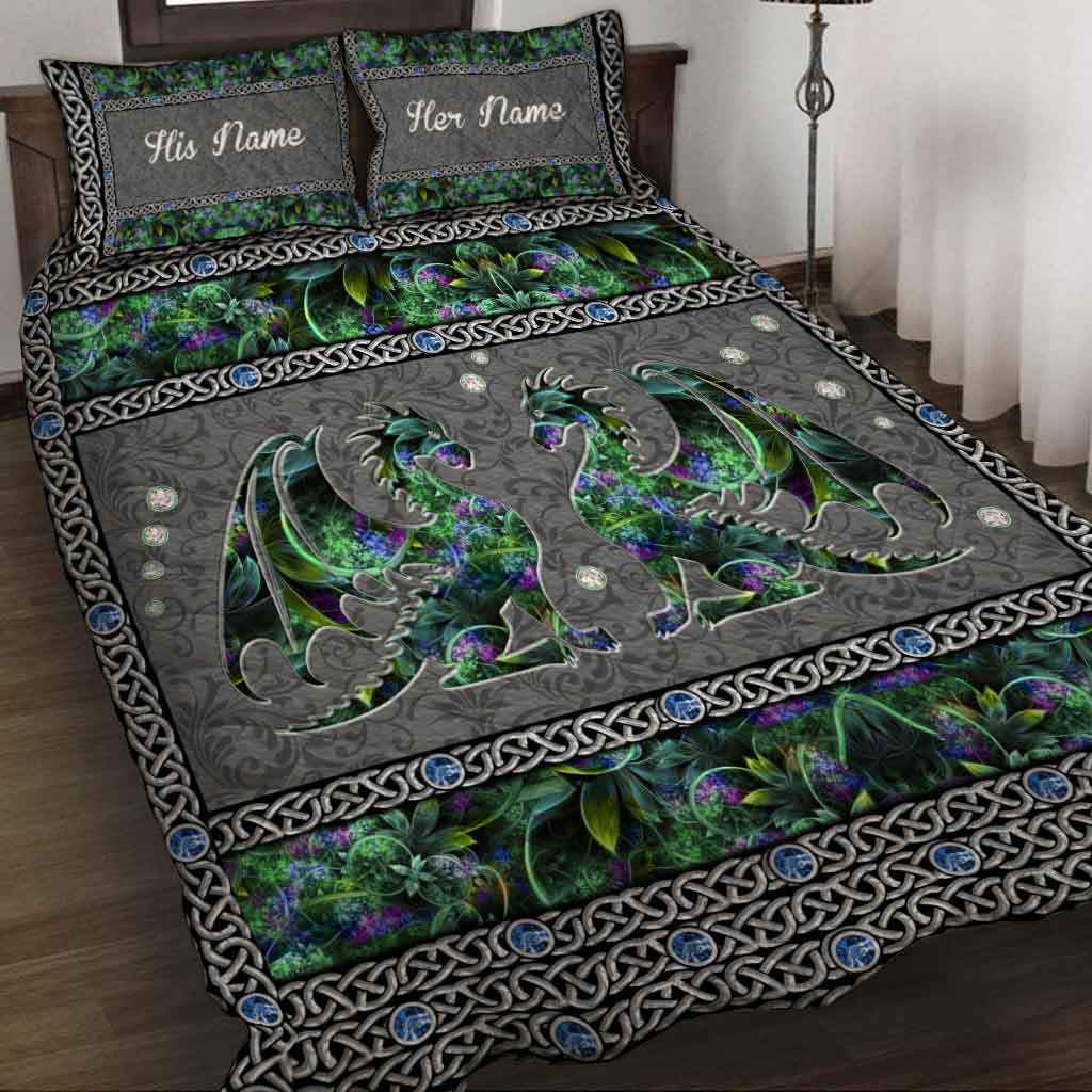 Personalized dragon couple quilt set green