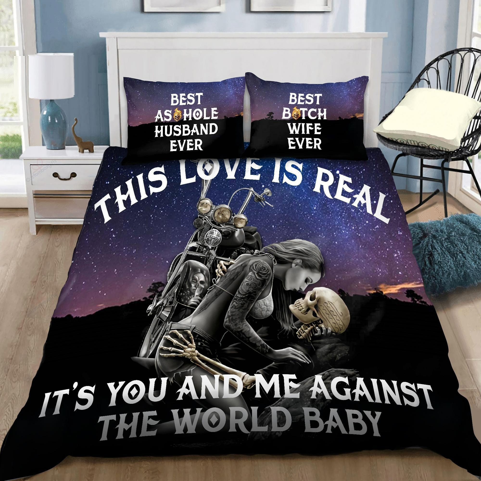 Skull biker couple bedding set this love is real