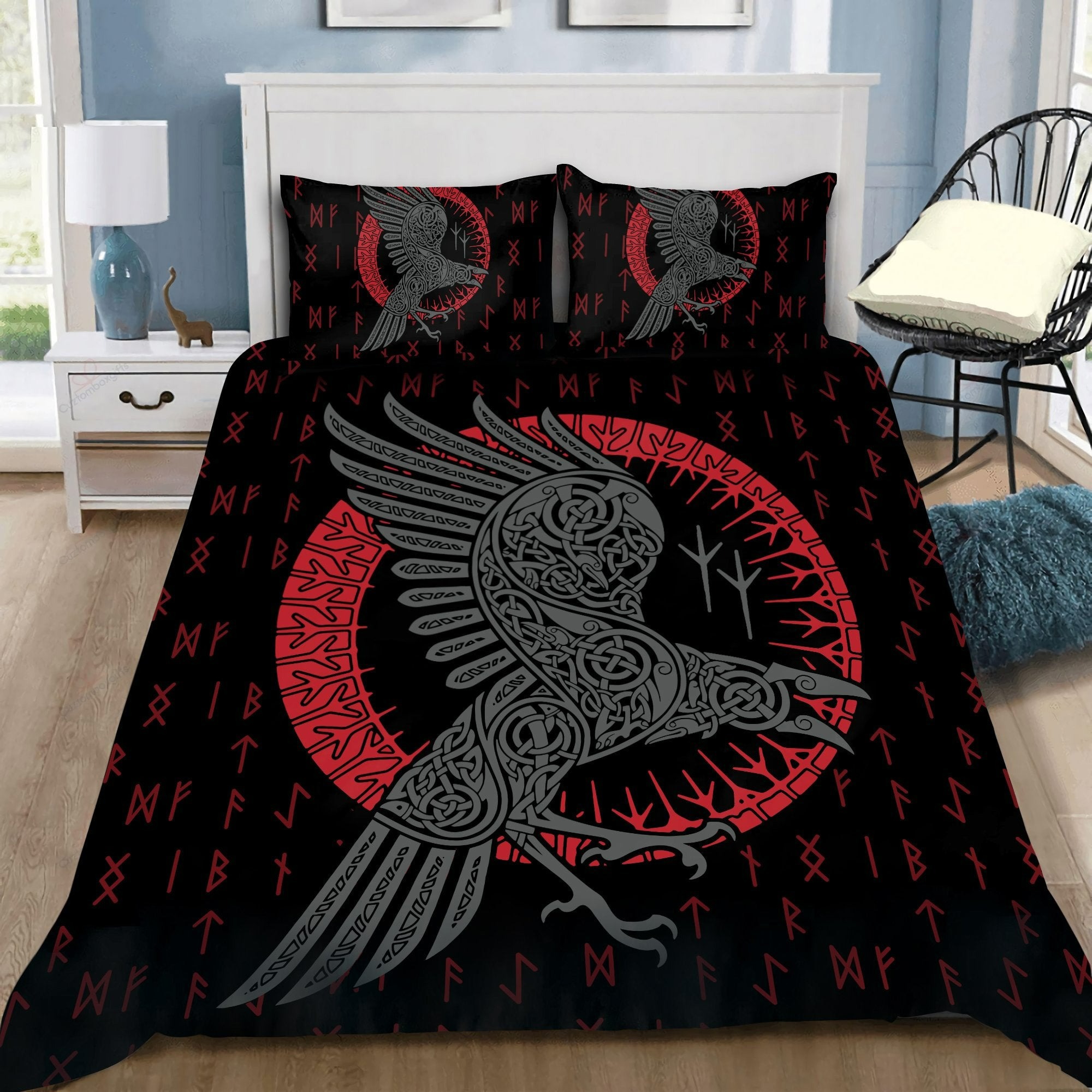 Viking bedding set red raven