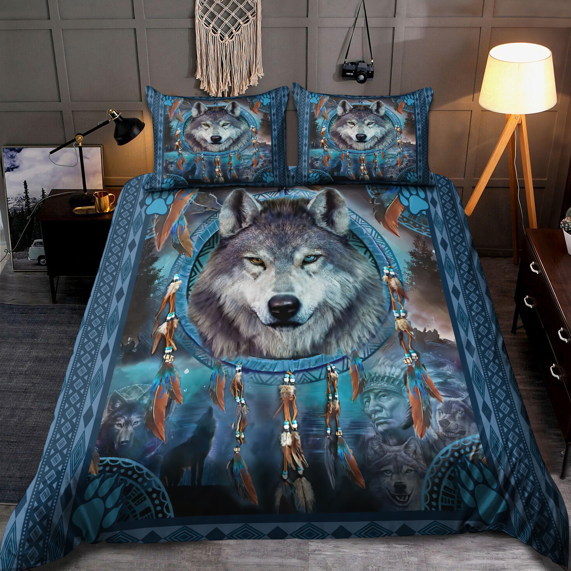 Wolf native american bedding set blue