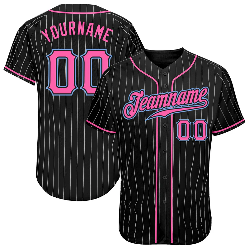 Custom Black White Pinstripe Pink-Light Blue Baseball Jersey