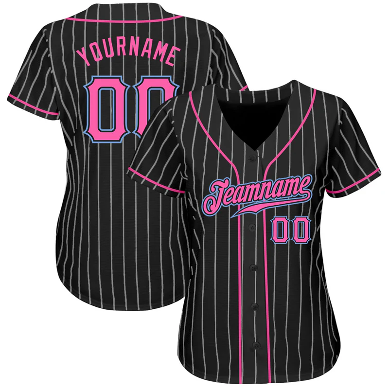 Custom Black White Pinstripe Pink-Light Blue Baseball Jersey