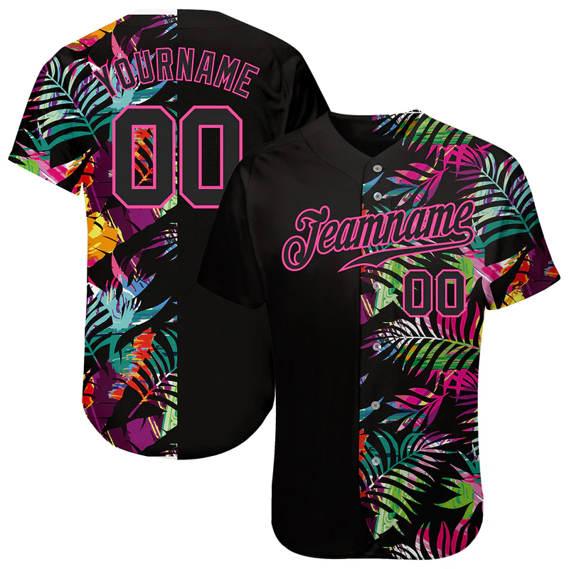 Custom Black Black-Pink 3D Pattern Design Tropical Palm Leaves Baseball Jersey