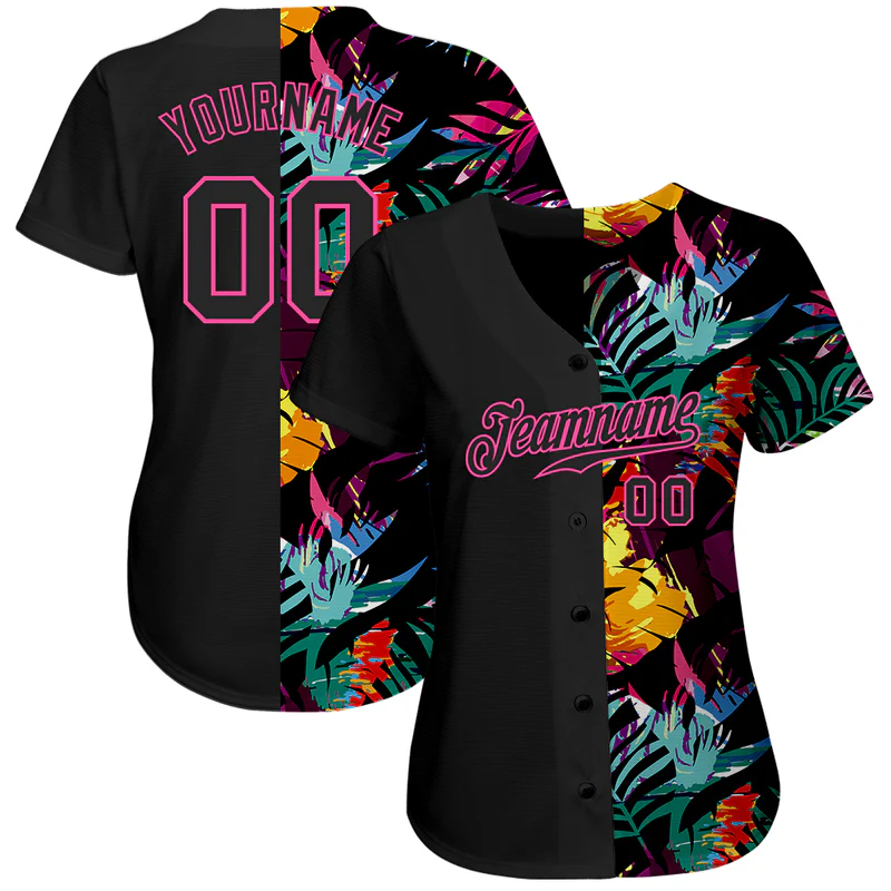 Custom Black Black-Pink 3D Pattern Design Tropical Palm Leaves Baseball Jersey