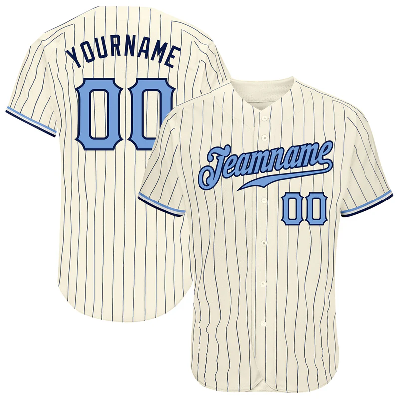 Custom Cream Navy Pinstripe Light Blue-Navy Baseball Jersey