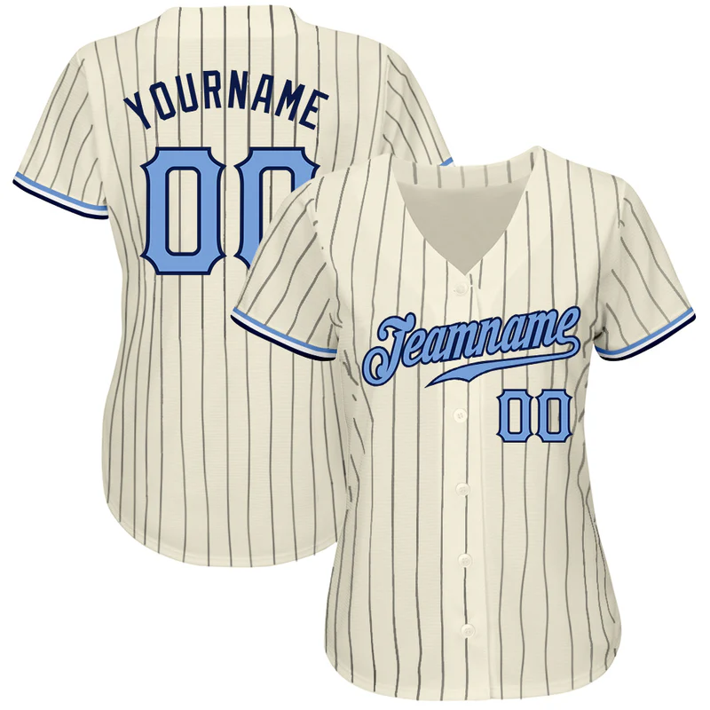 Custom Cream Navy Pinstripe Light Blue-Navy Baseball Jersey
