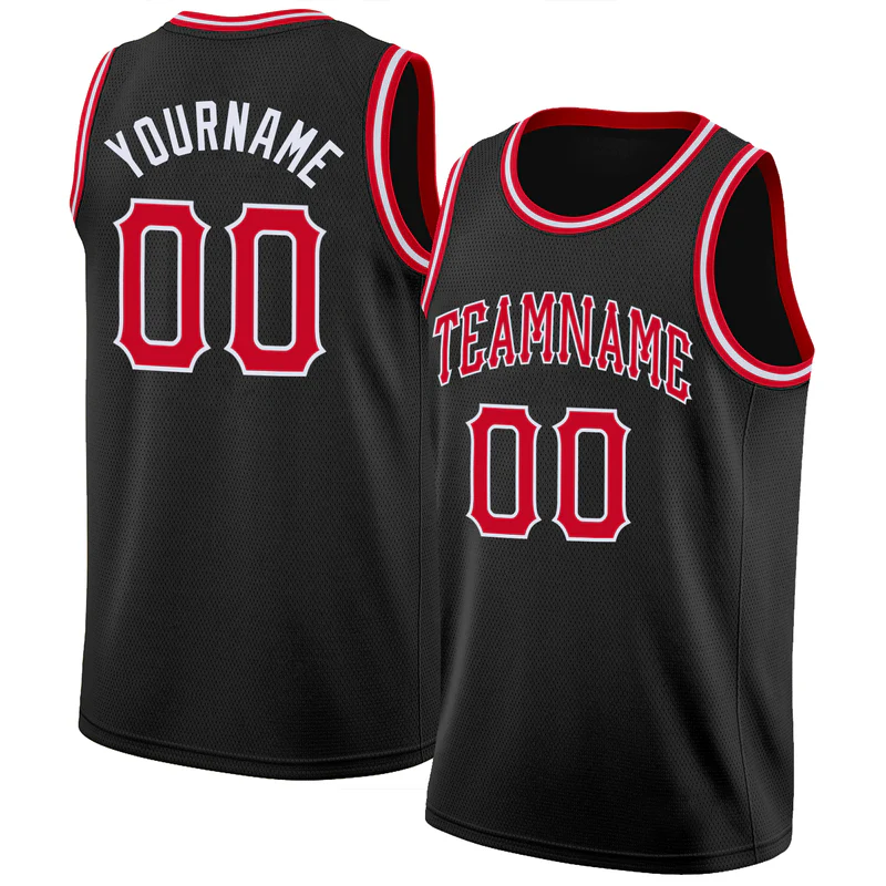 Custom Black Red-White Round Neck Basketball Jersey