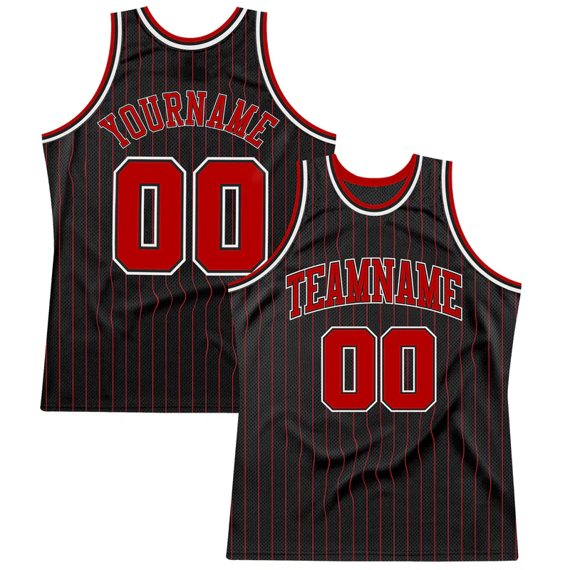 Custom Black Red Pinstripe Red-White Basketball Jersey