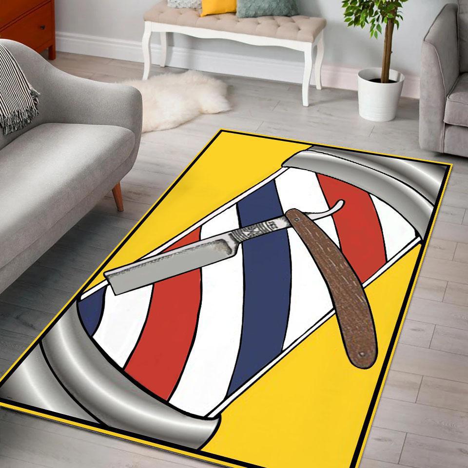 Barber rug barber pole and razor yellow background full size