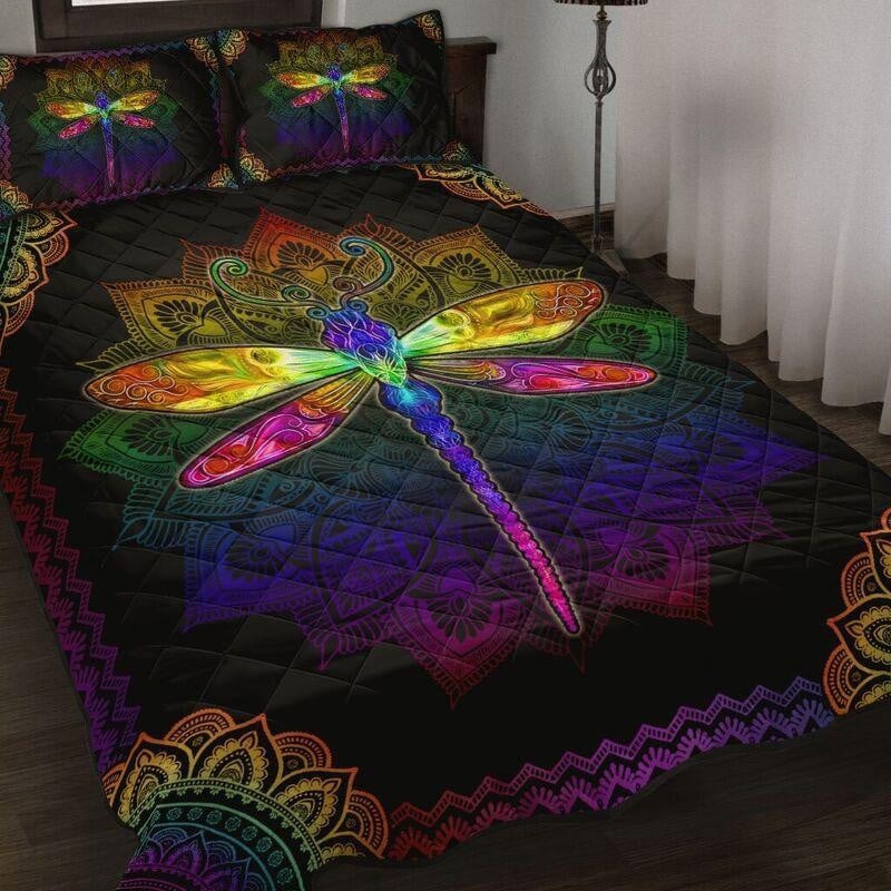 Colorful mandala dragonfly quilt set