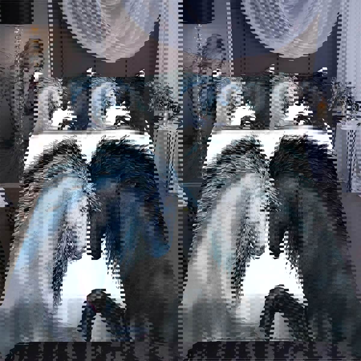 Horse bedding set black horse and white horse