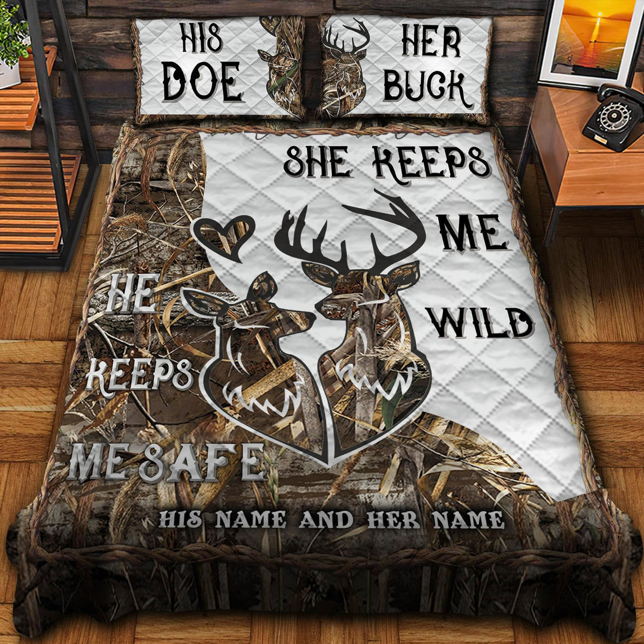 Personalized deer couple quilt set his doe her buck he keeps me safe she keeps me wild