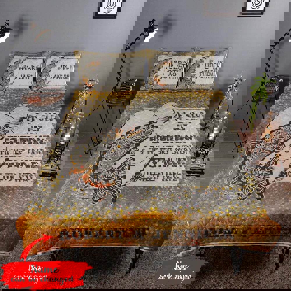 Personalized fishing quilt set for couple a fisherman an the best catch of his life sleep here