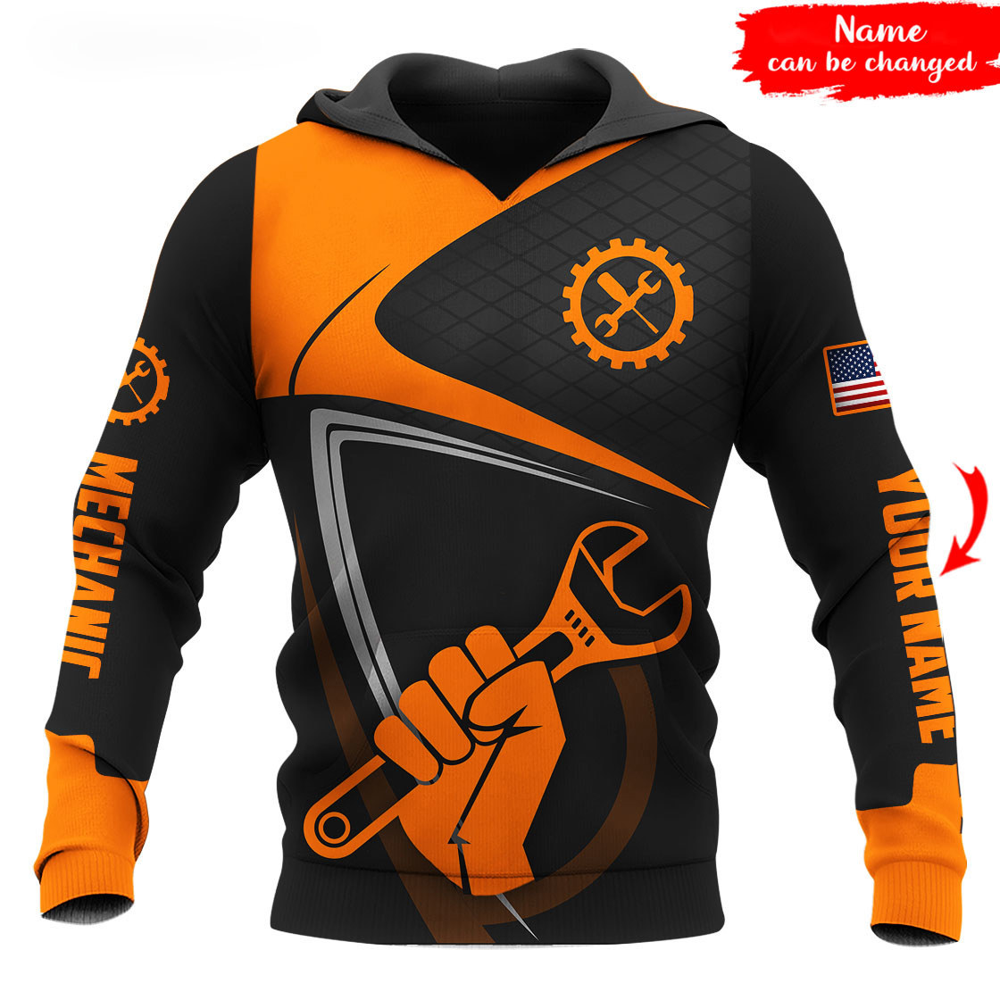Personalized mechanic 3d hoodie black and orange