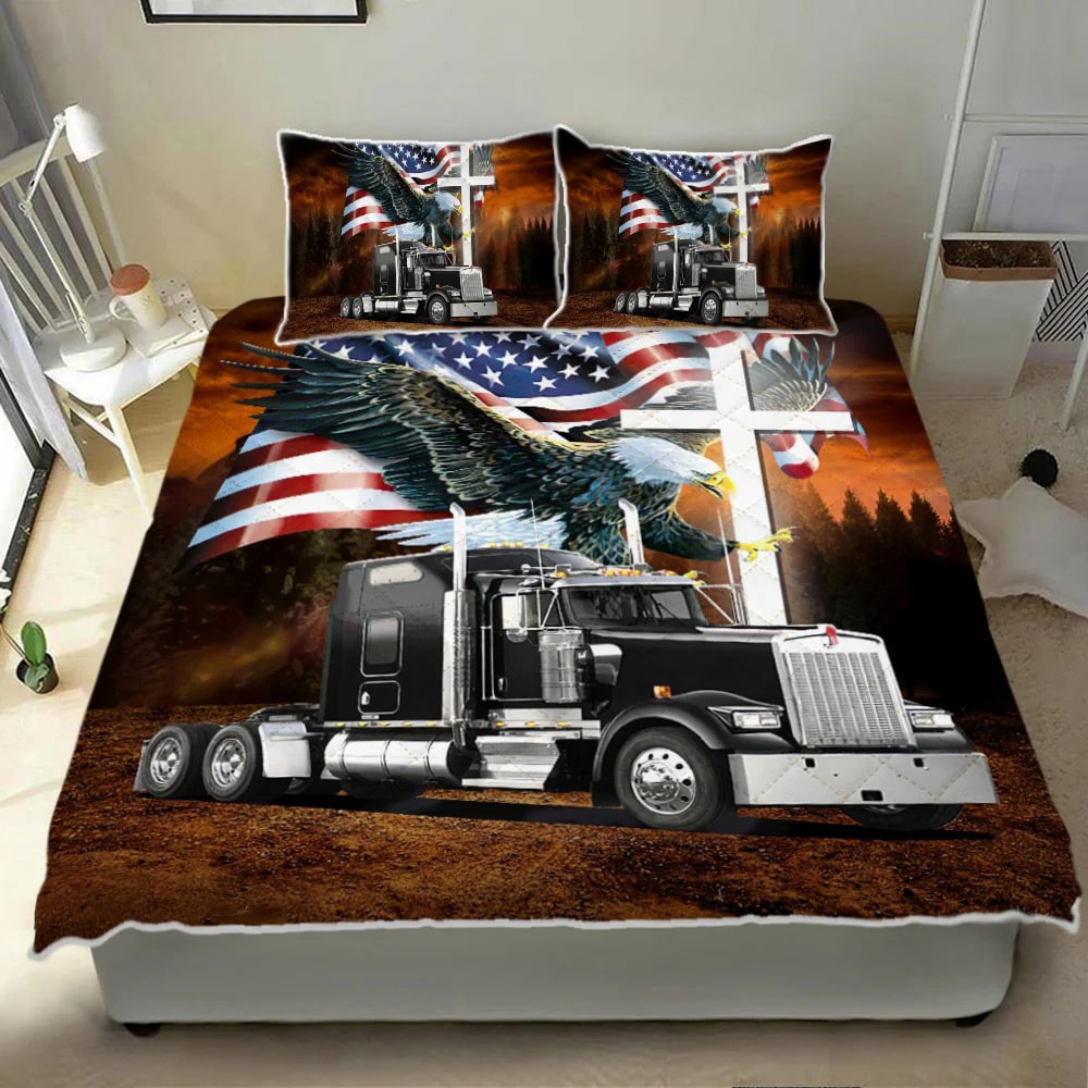 Truck driver bedding set jesus american flag eagle black truck