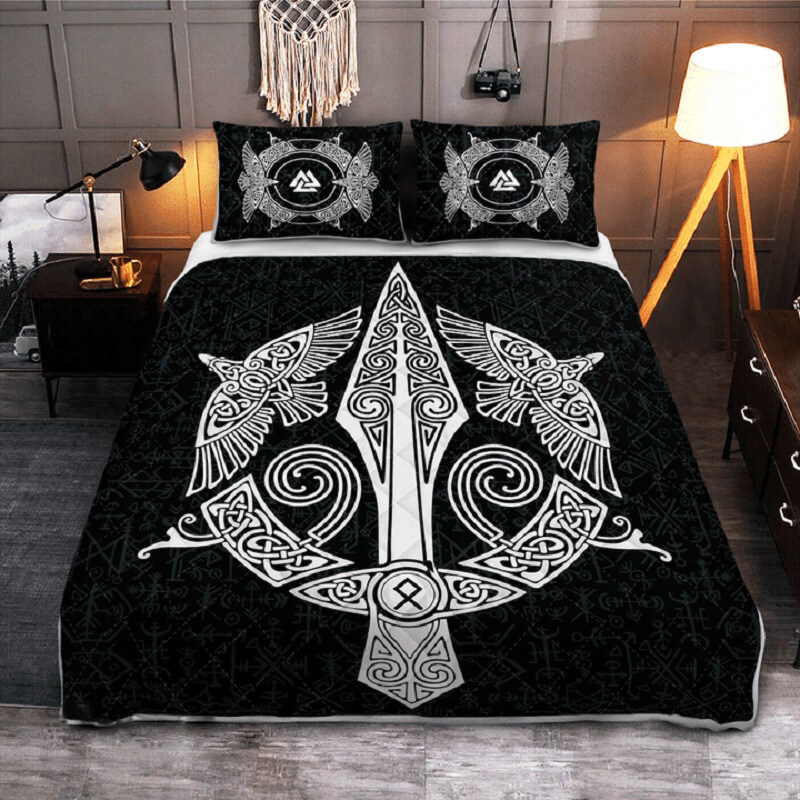Viking quilt set raven and spear of odin