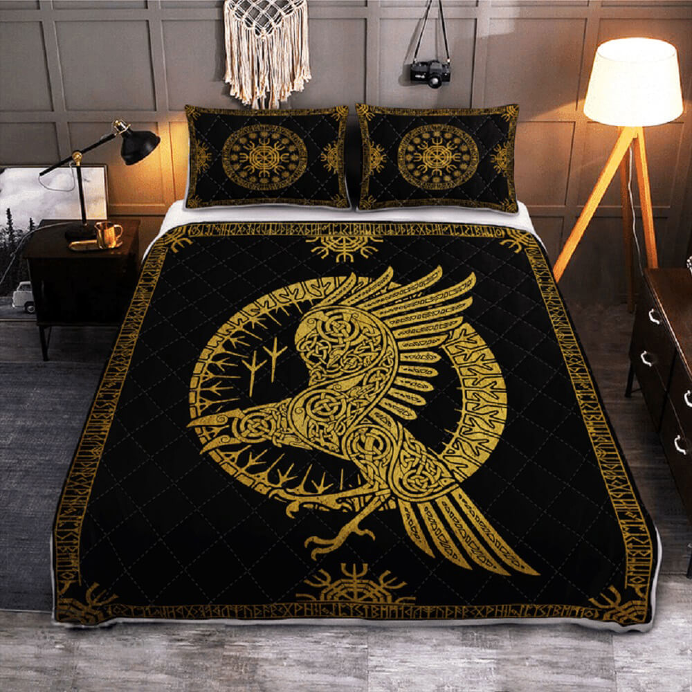 Viking quilt set ravens in celtic mythology and runic