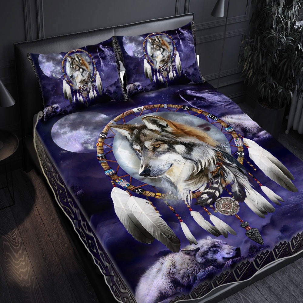 Wolf quilt bedding set native american wolf dreamcatcher purple