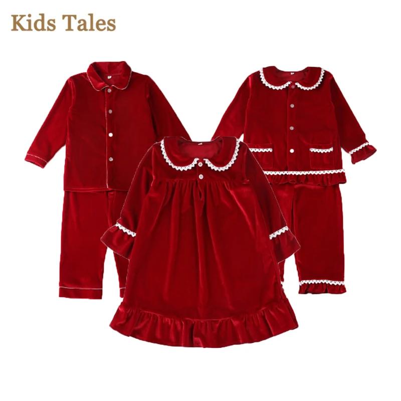 1-11Y Baby Boy Girl Christmas Essential Warm Winter Red Velvet Pajamas Set Toddler Long Sleeve Lace Sleepwear Kids Clothing Suit