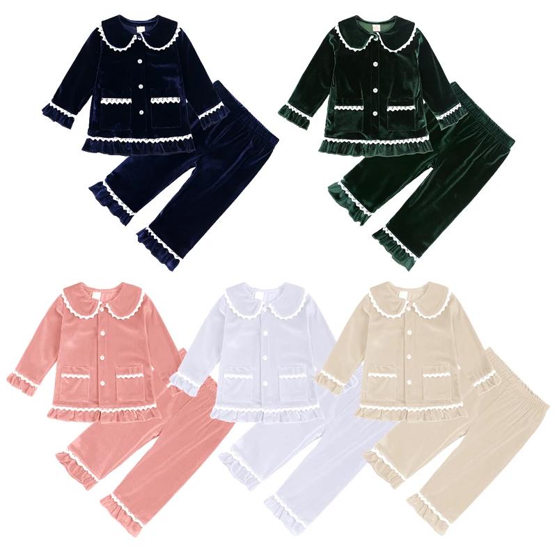 1-11Y Baby Boy Girl Christmas Essential Warm Winter Red Velvet Pajamas Set Toddler Long Sleeve Lace Sleepwear Kids Clothing Suit