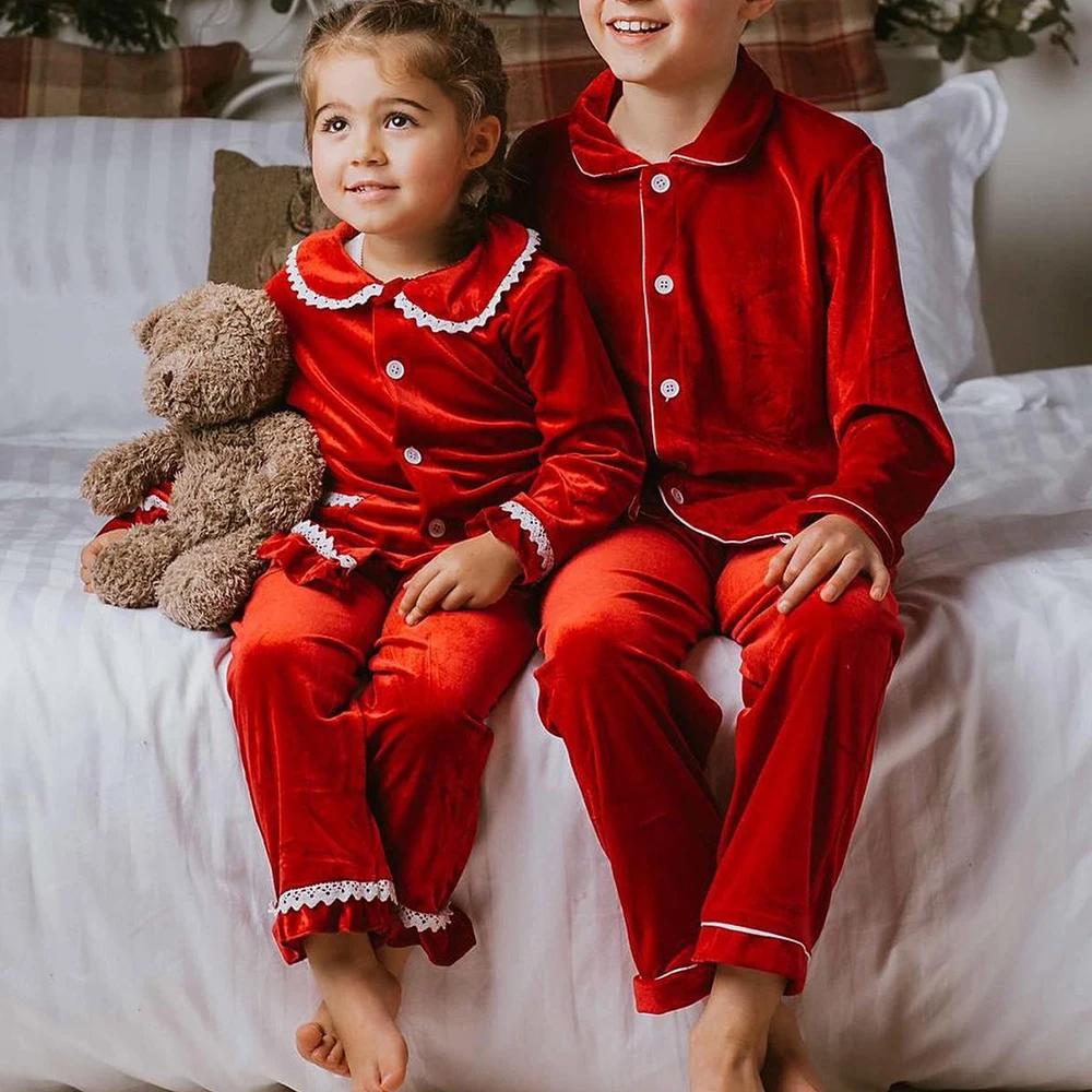 1-11Y Baby Boy Girl Christmas Essential Warm Winter Red Velvet Pajamas Set Toddler Long Sleeve Lace Sleepwear Kids Clothing Suit