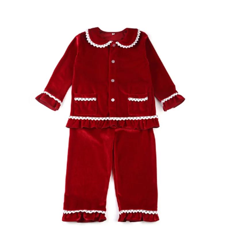 1-11Y Baby Boy Girl Christmas Essential Warm Winter Red Velvet Pajamas Set Toddler Long Sleeve Lace Sleepwear Kids Clothing Suit