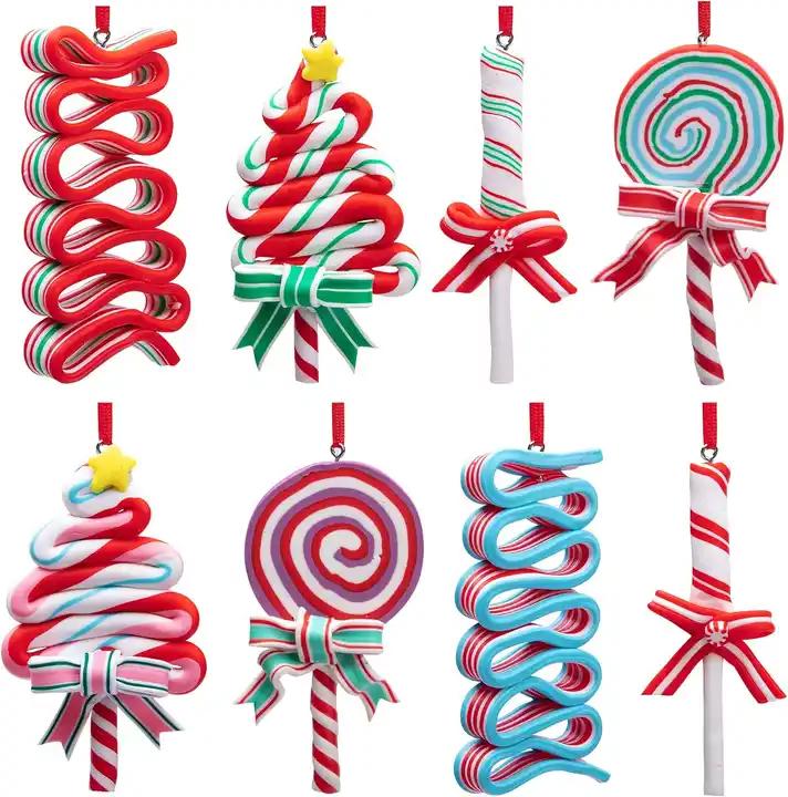Christmas Candies Polymer Clay Ornament- Xmas Decor Candy Cane Hanging Decorations for Xmas Tree ,Christmas Lollipop Ornaments