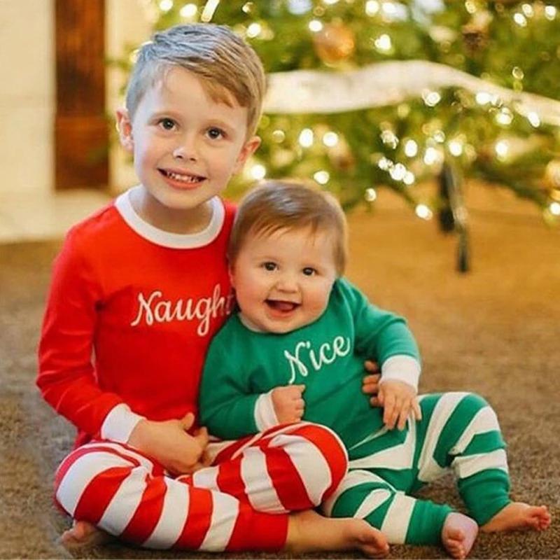 Christmas Children's Pajamas Set Boys Girls Letters Long-sleeved  Striped Sleepwear Sets Kids Baby Cotton Pyjamas Homewear Suit