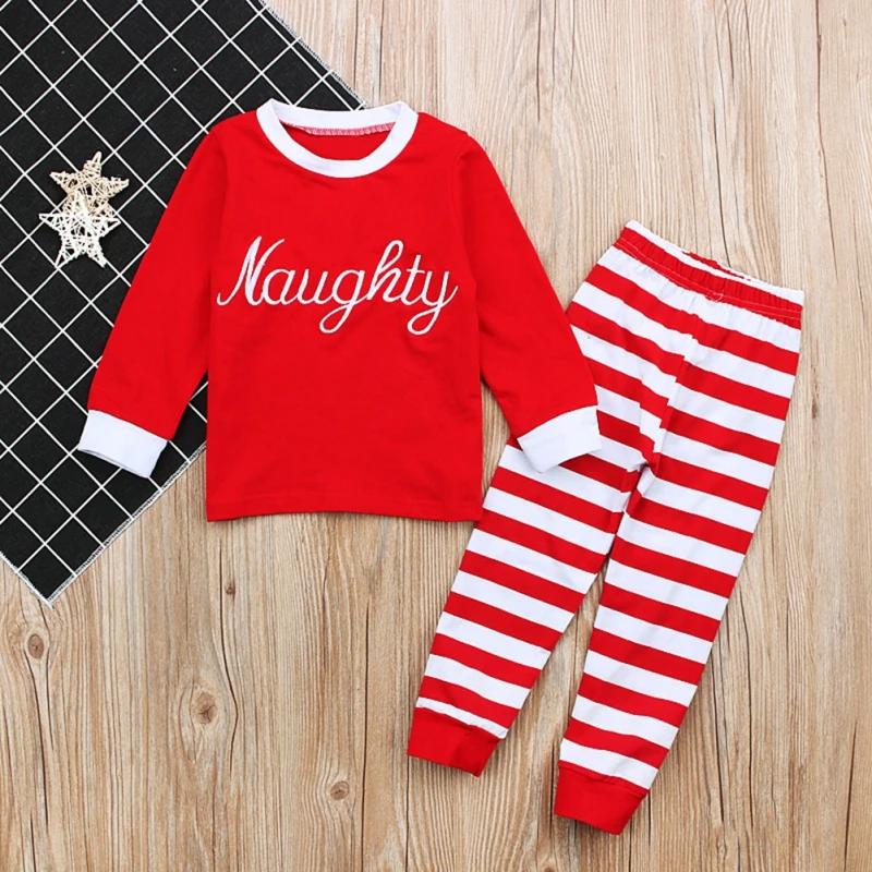 Christmas Children's Pajamas Set Boys Girls Letters Long-sleeved  Striped Sleepwear Sets Kids Baby Cotton Pyjamas Homewear Suit