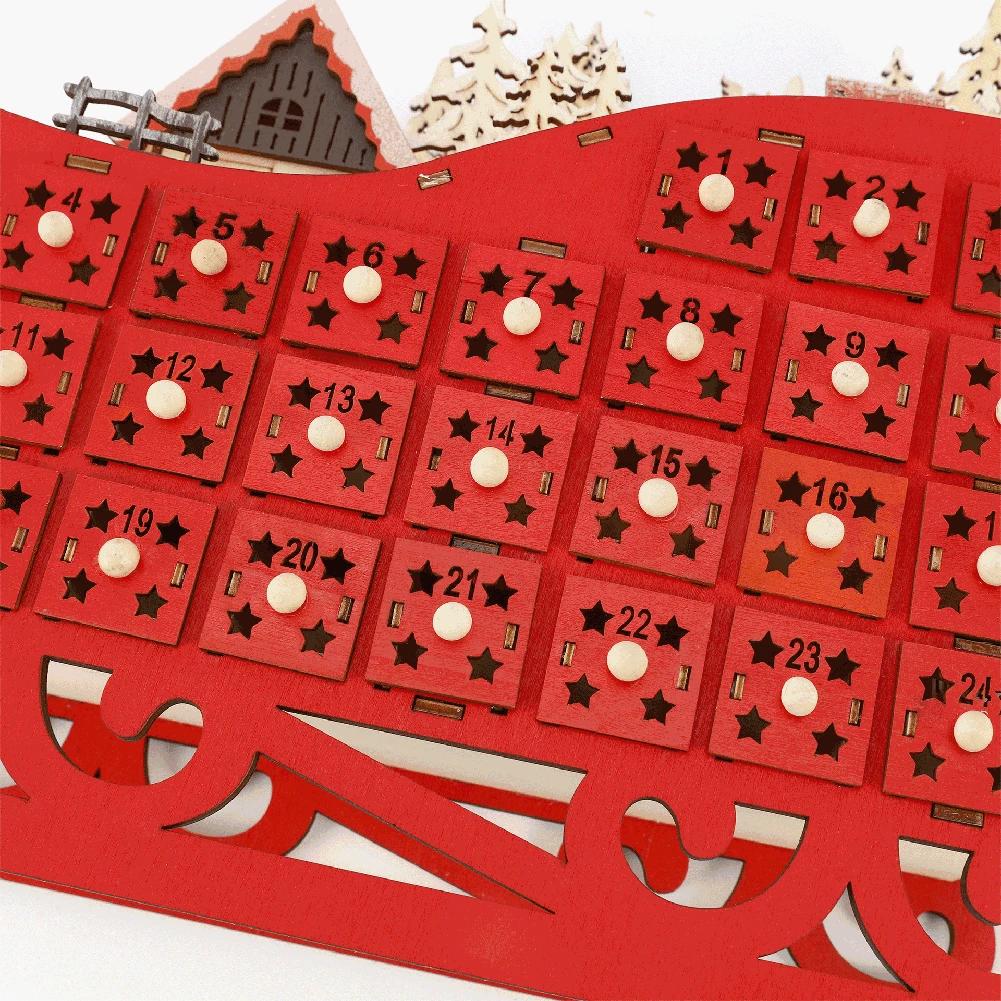 Christmas Countdown Advent Calendar Sleigh Shape Wooden Advent Calendar With 24 Drawers LED Lights DIY Ornament Home Decoration