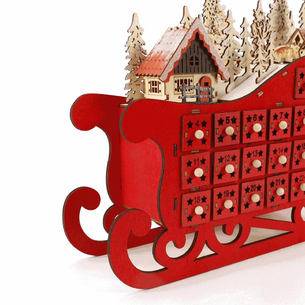 Christmas Countdown Advent Calendar Sleigh Shape Wooden Advent Calendar With 24 Drawers LED Lights DIY Ornament Home Decoration