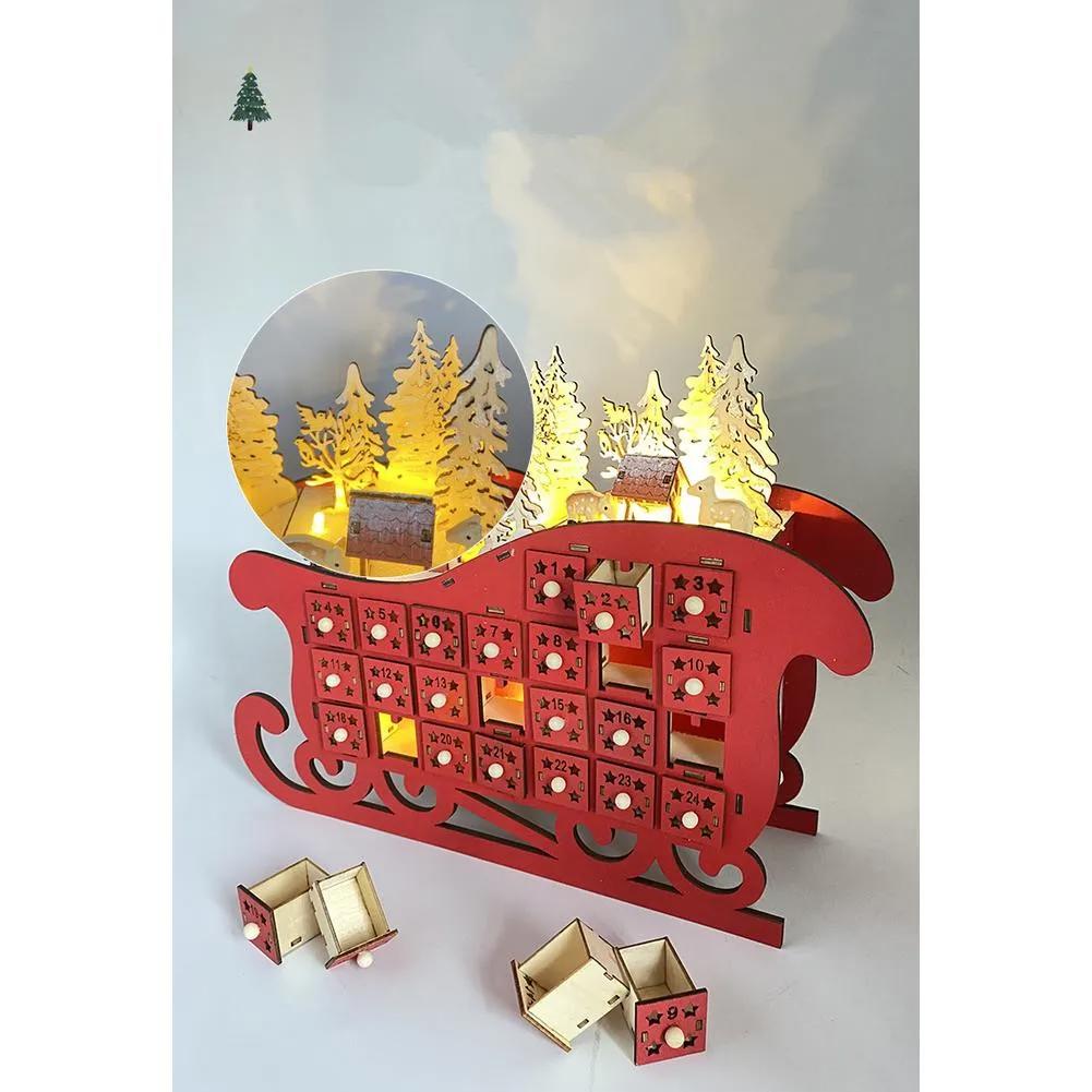 Christmas Countdown Advent Calendar Sleigh Shape Wooden Advent Calendar With 24 Drawers LED Lights DIY Ornament Home Decoration