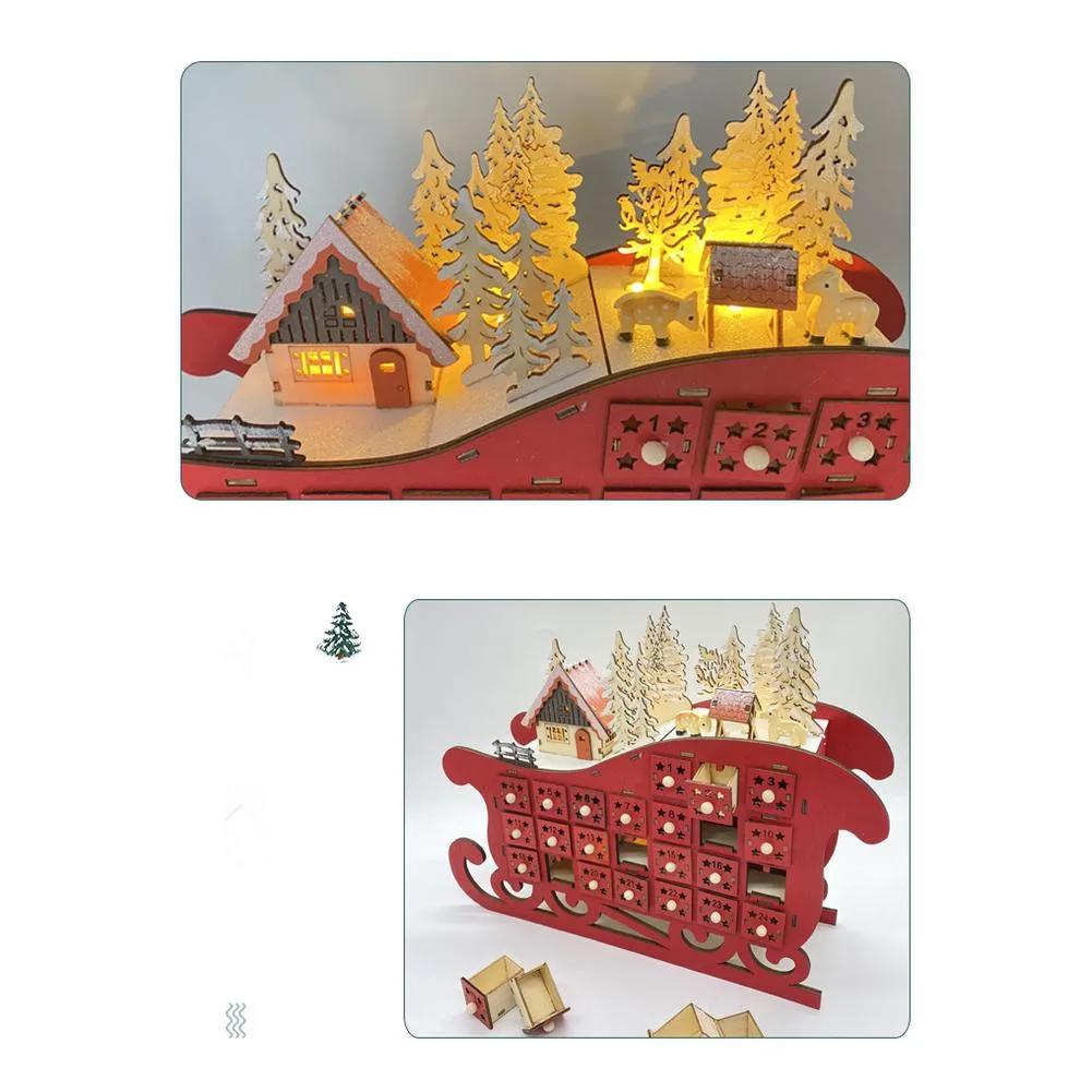 Christmas Countdown Advent Calendar Sleigh Shape Wooden Advent Calendar With 24 Drawers LED Lights DIY Ornament Home Decoration