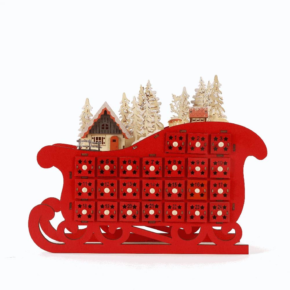 Christmas Countdown Advent Calendar Sleigh Shape Wooden Advent Calendar With 24 Drawers LED Lights DIY Ornament Home Decoration