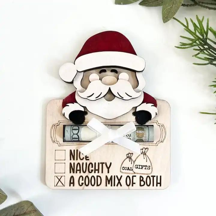 Christmas Cute Santa Claus Wooden Cash Wallet Holiday Money Gift Home Decor